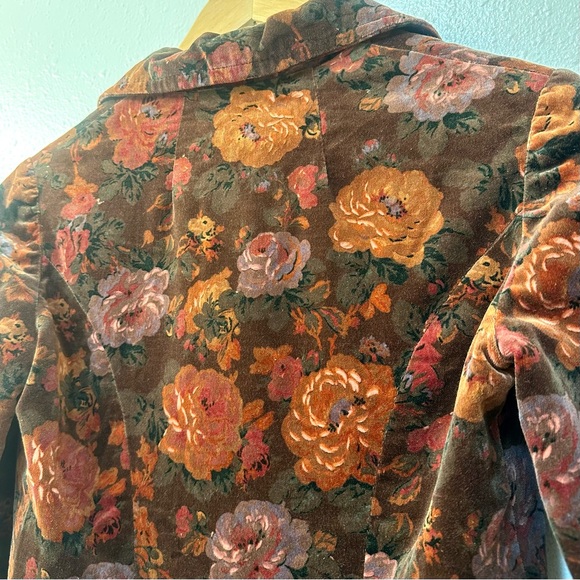 Vintage 70s Dark Rose Floral Burgundy Brown Velvet Tapestry Fitted Blazer Jacket - Picture 8 of 8
